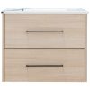 Two-drawer wooden nightstand with light natural wood finish and white marble top with black handles