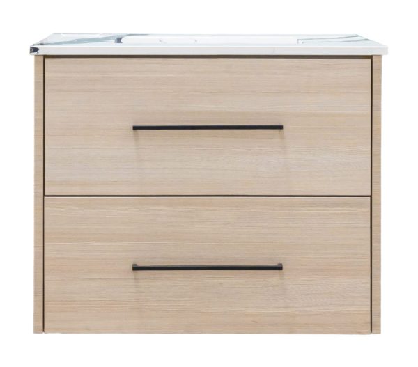 Two-drawer wooden nightstand with light natural wood finish and white marble top with black handles