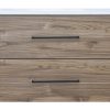 Two-drawer wooden nightstand with light gray wood finish and white marble top with black handles