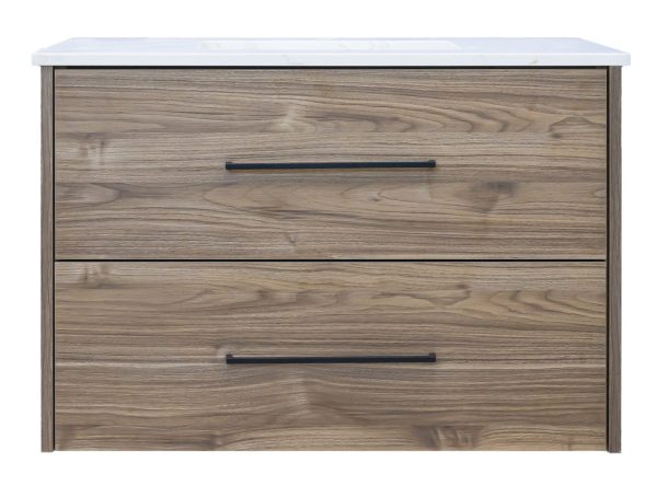 Two-drawer wooden nightstand with light gray wood finish and white marble top with black handles