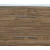 Two-drawer wooden nightstand with walnut finish and white marble top featuring silver and black handles