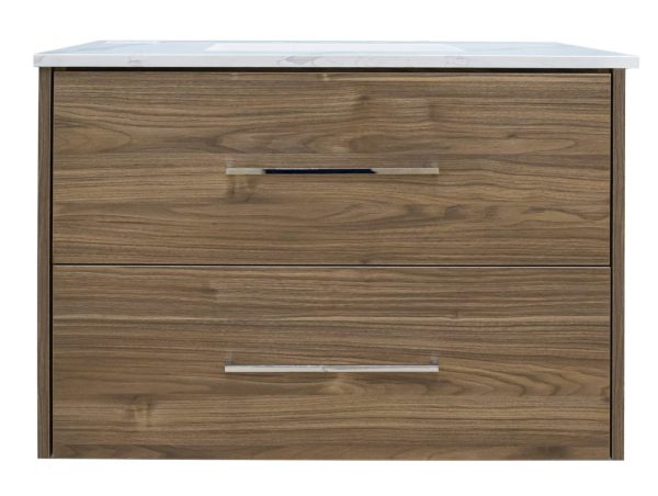 Two-drawer wooden nightstand with walnut finish and white marble top featuring silver and black handles