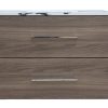 Rustic wood vanity cabinet with white marble top, two horizontal drawers with chrome handles, simple transitional style
