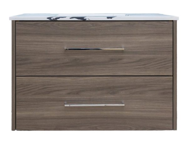 Rustic wood vanity cabinet with white marble top, two horizontal drawers with chrome handles, simple transitional style