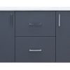 Contemporary charcoal gray vanity with white marble countertop, chrome handles on drawers and cabinet doors, minimalist design