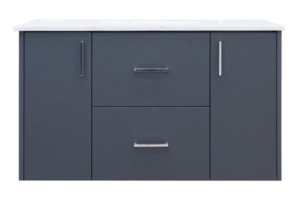 Contemporary charcoal gray vanity with white marble countertop, chrome handles on drawers and cabinet doors, minimalist design