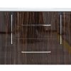 Dark ebony wood vanity with white marble top, three chrome horizontal handles, center drawers and side cabinet doors with chrome vertical pulls
