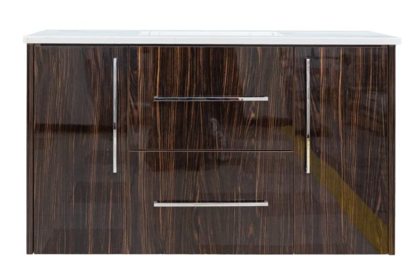 Dark ebony wood vanity with white marble top, three chrome horizontal handles, center drawers and side cabinet doors with chrome vertical pulls