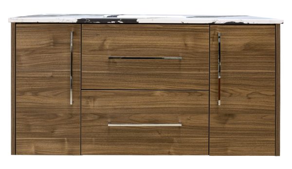 Natural wood vanity with white countertop, chrome handles, two center drawers and side cabinet doors with chrome vertical pulls