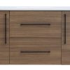 Modern wooden vanity cabinet with white marble countertop, two black handle drawers in center, and side cabinet doors with black handles