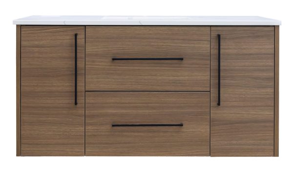 Modern wooden vanity cabinet with white marble countertop, two black handle drawers in center, and side cabinet doors with black handles