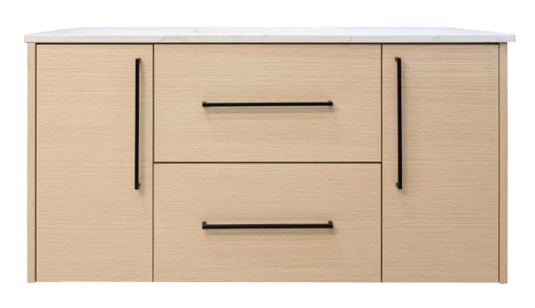 Light oak wooden bathroom vanity with white countertop, two cabinet doors with vertical black handles, and two center drawers