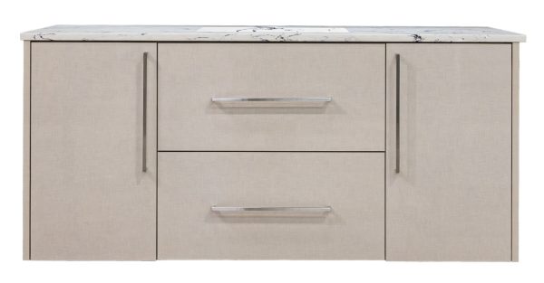 Beige linen bathroom vanity with marble countertop, two cabinet doors with gray vertical handles, and two center drawers with silver handles