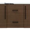 Dark brown wooden bathroom vanity with white marble countertop, two cabinet doors with vertical handles, and two center drawers