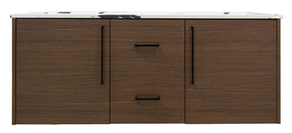 Dark brown wooden bathroom vanity with white marble countertop, two cabinet doors with vertical handles, and two center drawers