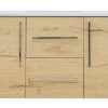 Natural oak wood horizontal cabinet with white marble countertop, featuring two side doors and two center drawers with minimalist handles