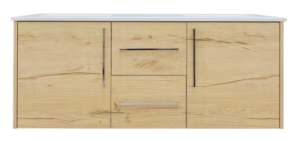 Natural oak wood horizontal cabinet with white marble countertop, featuring two side doors and two center drawers with minimalist handles