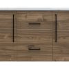 Walnut wood horizontal cabinet with white marble countertop, featuring two large doors and two center drawers with metal handles