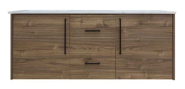 Walnut wood horizontal cabinet with white marble countertop, featuring two large doors and two center drawers with metal handles