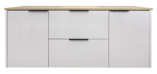 Light gray bathroom vanity with natural wood countertop, two large cabinet doors, and two center drawers with black handles
