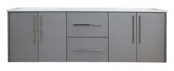 Gray horizontal kitchen cabinet with white marble countertop, featuring four doors with handles and two center drawers