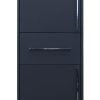 Dark charcoal gray tall narrow cabinet with three sections, featuring vertical and horizontal metal handles, contemporary storage furniture