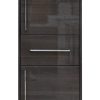 Tall dark wood cabinet with glass upper door and solid lower storage compartments with metal handles