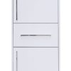 White tall narrow cabinet with three sections, featuring two vertical handles and one horizontal handle, modern minimalist storage furniture
