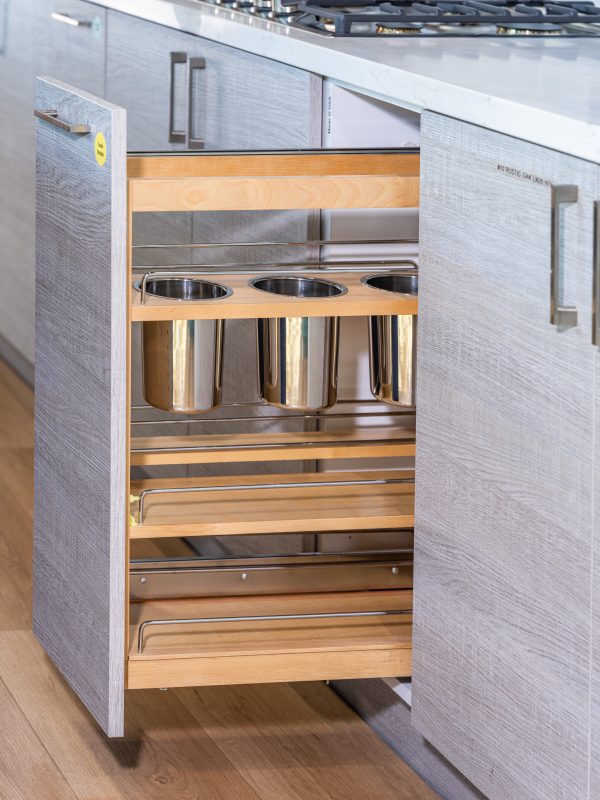 Tall pull-out wooden spice rack organizer with stainless steel containers and natural wood shelving