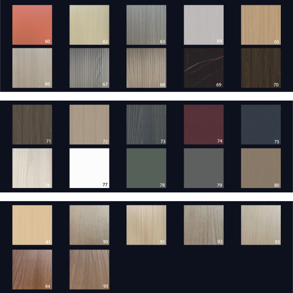 Material finish color palette samples showing wood textures, solid colors, and patterns numbered 60-95 for furniture and design selection