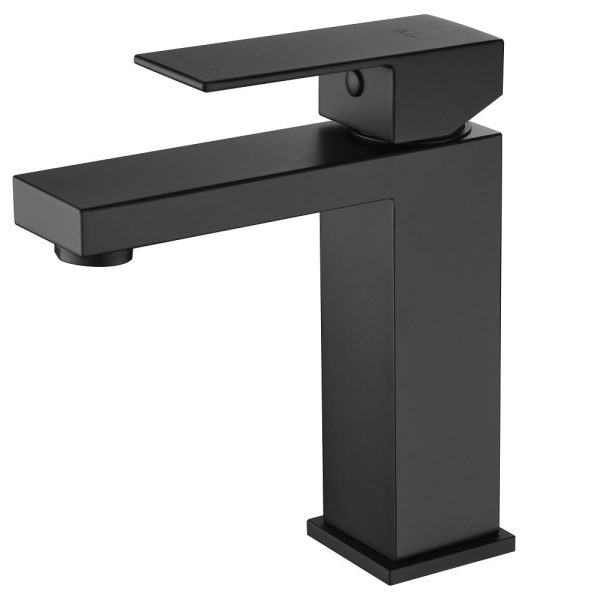 Modern black single-handle bathroom faucet with rectangular spout and lever control