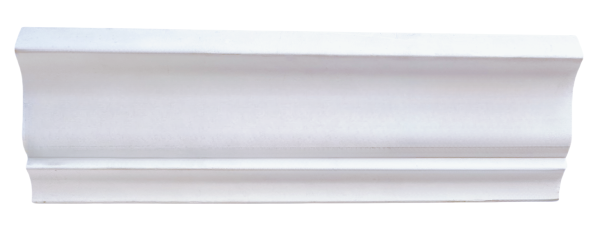 White painted crown molding with curved decorative detail