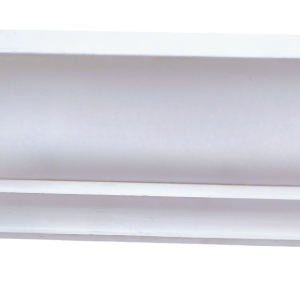 White primed wood crown molding with double curved decorative profile and exposed wood end