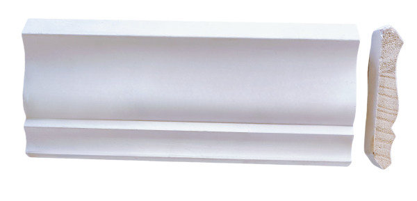 White primed wood crown molding with double curved decorative profile and exposed wood end