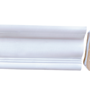 White painted wood crown molding with curved concave profile and exposed wood end