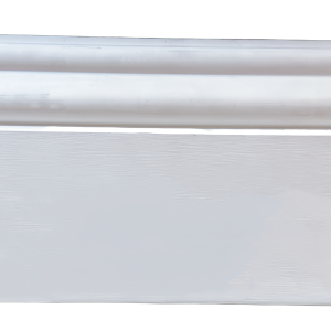 White painted baseboard trim with rounded decorative edge molding and wood core visible