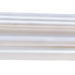 White painted baseboard molding with ornamental curved design and exposed wood end