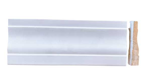 White painted wood crown molding with rounded profile and natural wood edge showing
