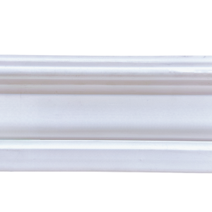 White painted decorative baseboard molding with curved profile and wooden end grain visible