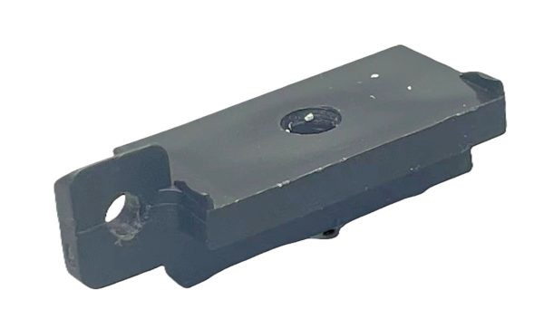 Dark gray industrial clamp or rail mounting bracket with horizontal slot and mounting holes