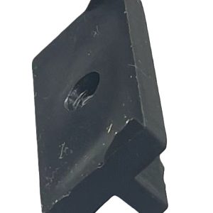 Black metal mounting bracket with angled design and threaded hole for fastening