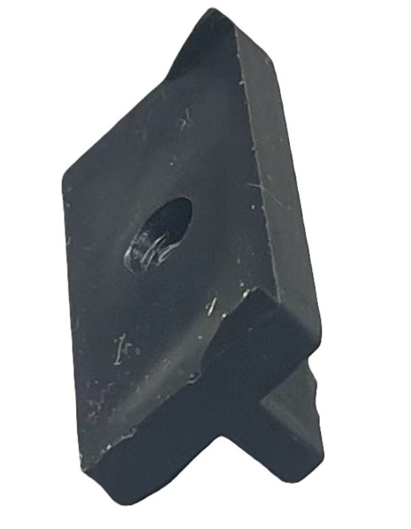 Black metal mounting bracket with angled design and threaded hole for fastening