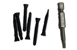 Black wood screws and metal drill bit or fastener tool