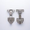 Comparison of two stainless steel cabinet hinges with DTC branding, showing front-facing views with adjustment mechanisms