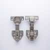 Two stainless steel cabinet hinges shown front and back views, displaying DTC branding and mounting holes