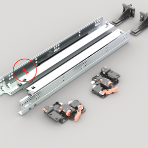 Soft-close drawer slide components including metal rails, brackets, and dampers with red circle highlighting ball bearing detail