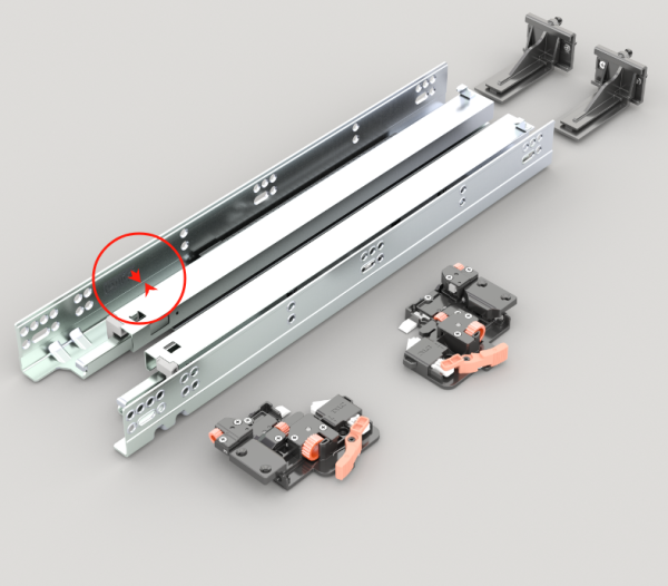 Soft-close drawer slide components including metal rails, brackets, and dampers with red circle highlighting ball bearing detail
