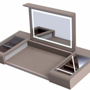 Modern beige bathroom vanity with integrated sink top, pop-up mirror, and storage compartments with side mirrors