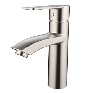 Brushed nickel single-handle bathroom faucet with waterfall spout and tall cylindrical base