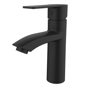 Modern black single-handle bathroom faucet with curved spout and cylindrical body